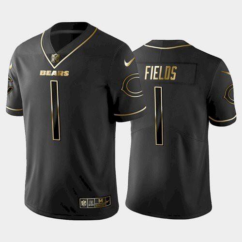 Men's Chicago Bears #1 Justin Fields Black golden edition NFL Stitched Jersey